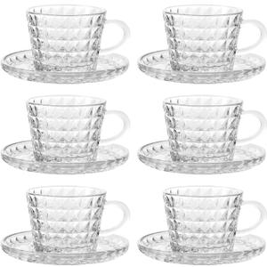 Glass Espresso Shot Cups with Saucers Set of 6, Clear Small Demitasse Cup with Stainless Steel Spoons, Dishwasher Safe Coffee Mugs for Tea Hot Chocolate Cappuccino, 5OZ/150ML, Diamond