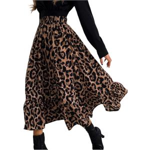 SweatyRocks Women's Leopard Print Ruffle Midi Skirt Causal High Waisted Flowy A Line Skirts (Medium, Multicolor)