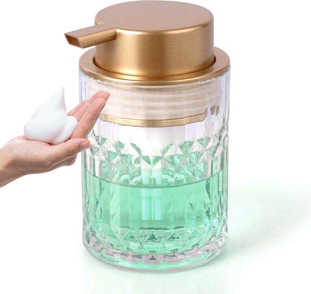 Soap Dispenser with Foam Pump Hand Lotion Dispenser Glass Antislip Shampoo Bathroom Kitchen 10oz (Foam-001-gold)