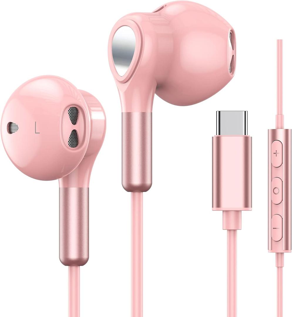 USB C Headphones for Samsung Galaxy S24 S23 Ultra S22 S21 FE S20 A54 A53 USB C Earphones with Mic Volume Control Wired Earbuds USB Type C Headphones for iPhone 16 15 Pro Max Plus iPad Pro Pixel 8 7 6a (Pink)