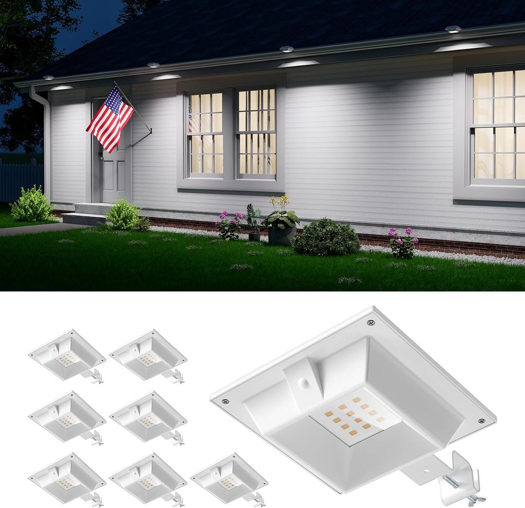 8 Pack White Solar Powered Gutter Lights Outdoor Decorative Waterproof 12 LEDs Yard Lamp for Lighting Fence, Railing, Outside Wall, Deck, Garden, Path, Backyard, Walkway, Patio, Holeless Installation