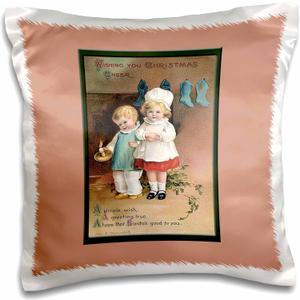 3dRose pc_153523_1 Wishing You Christmas Cheer Two Cute Children Holding A Candle in Front of The Fireplace Pillow Case, 16" x 16"