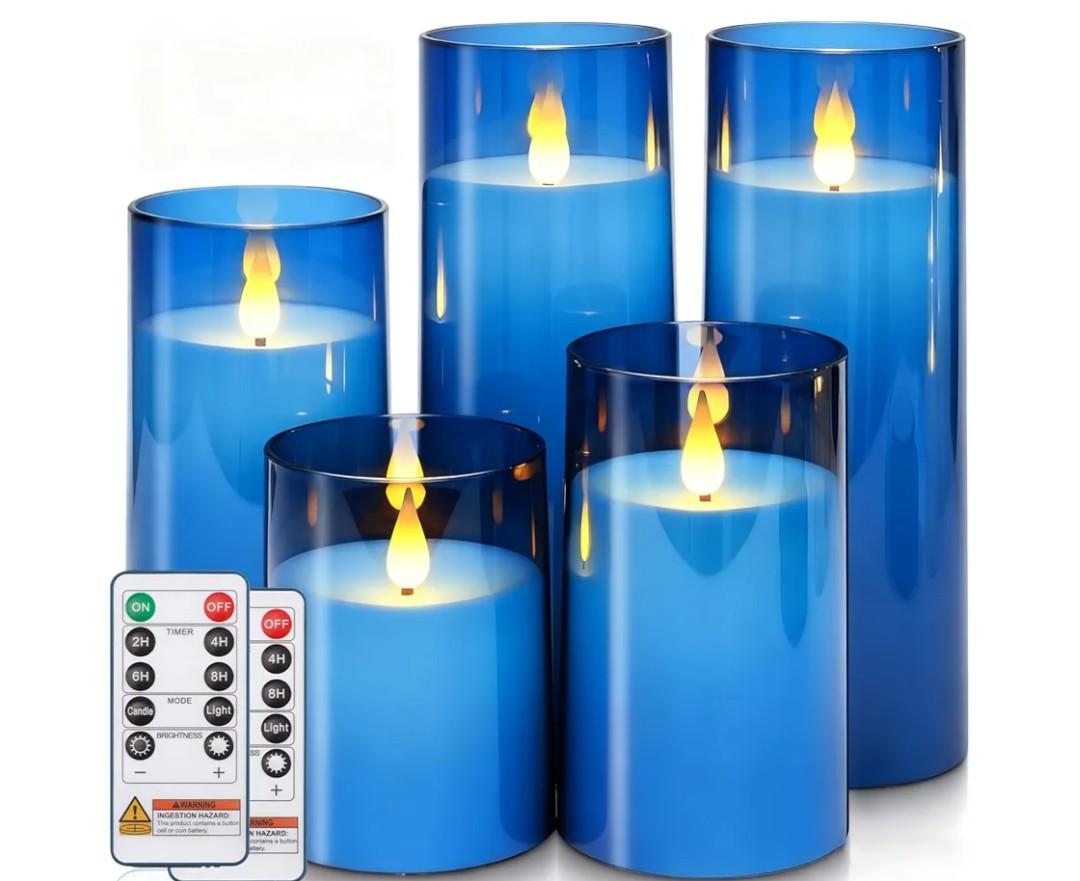 Homemory Blue Flickering Flameless Candles, Battery Operated Acrylic LED Pillar Candles with Remote Control and Timer, Blue Decor, Set of 5