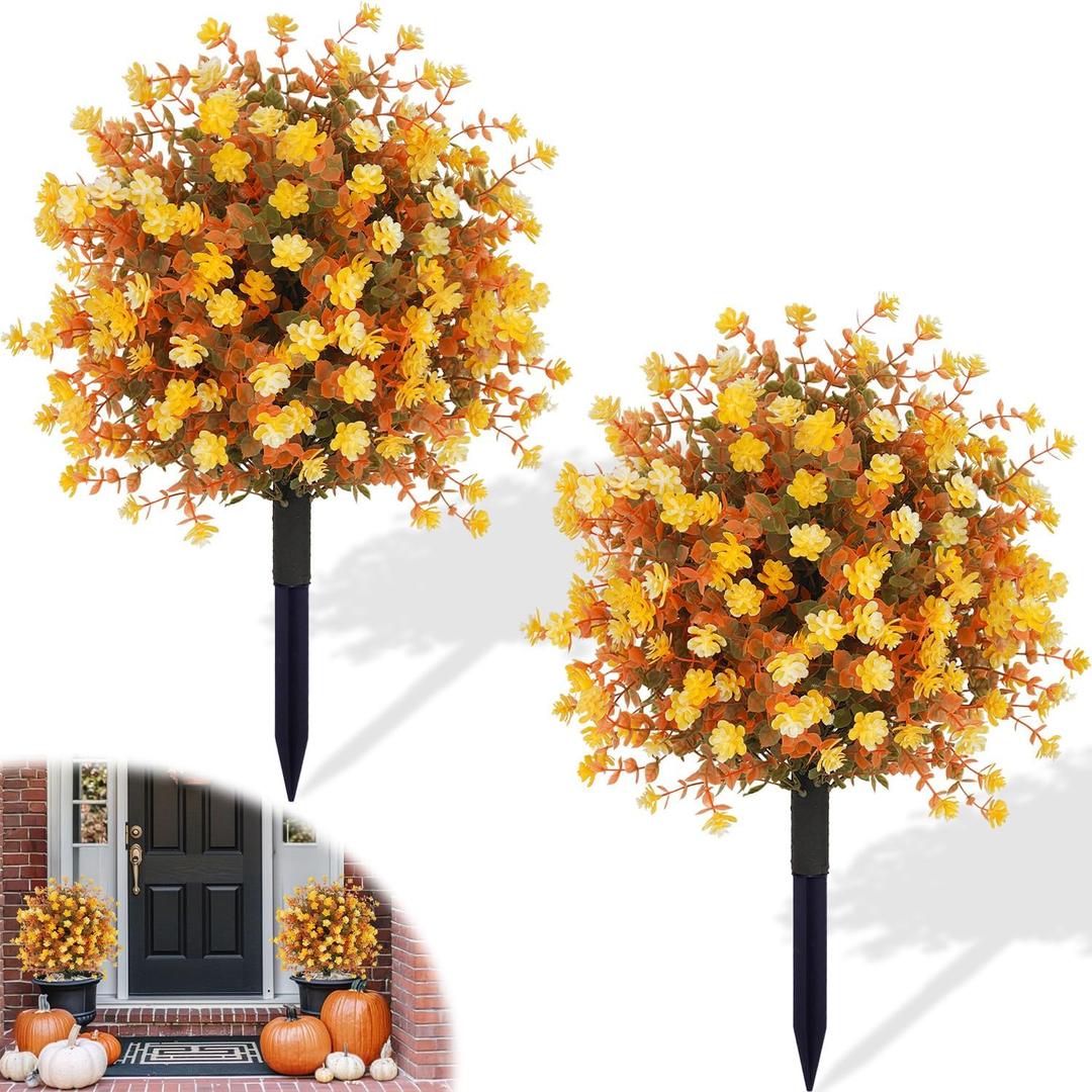 Fall Orange Artificial Flowers with Ground Stakes - 2 Pack 21 Inch UV Resistant Artificial Plants for Garden, Patio or Porch Thanksgiving Decorations