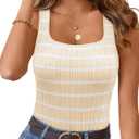 Neweek Womens 2025 Sleeveless Ribbed Tank Tops Striped Knit Square Neck Tops Summer Casual Fitted Basic Tee Shirts (L)