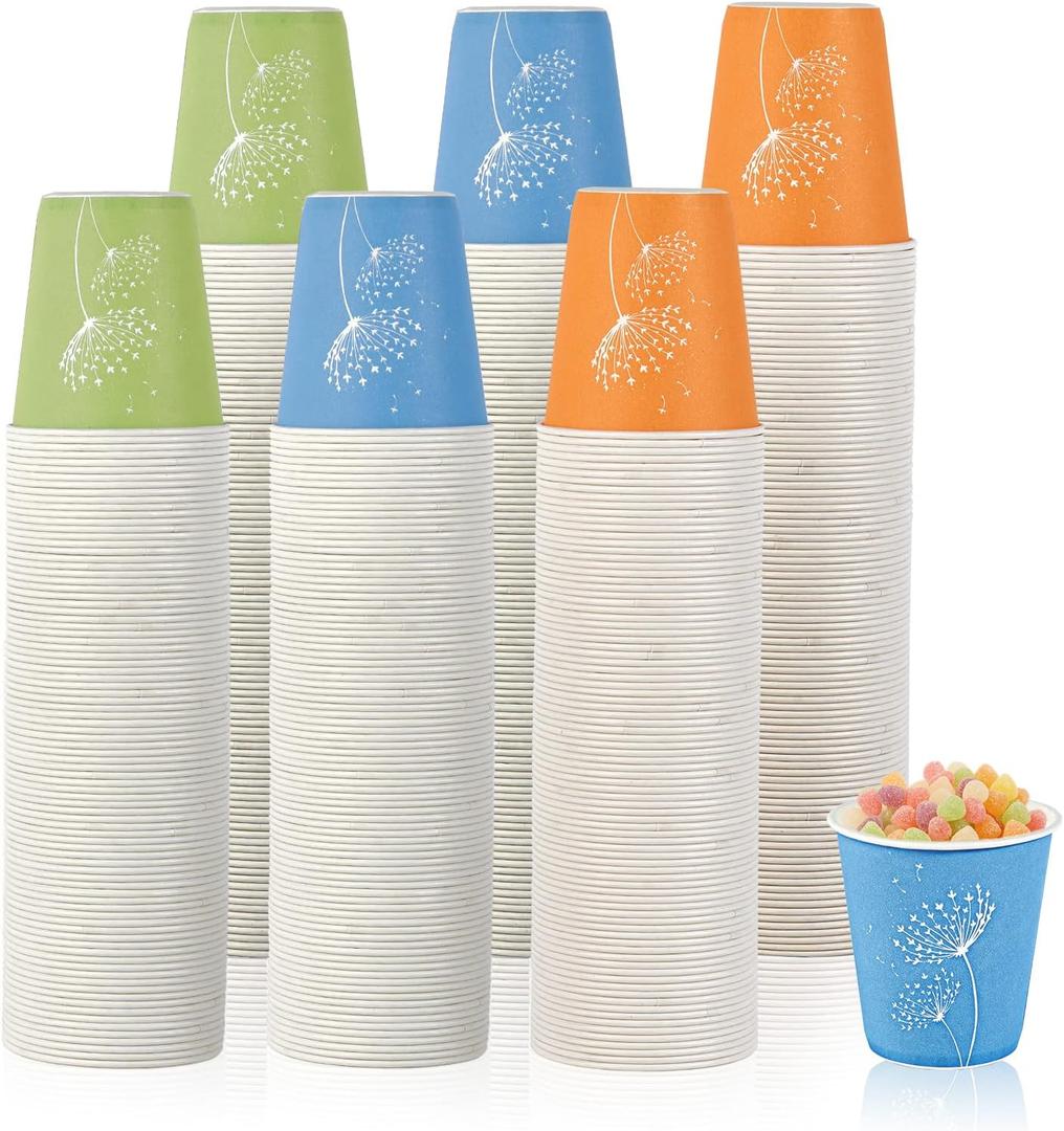 LITOPAK 600 Pack 5 oz Disposable Paper Cups, Colorful Disposable Mouthwash Cups, Small Disposable Cups, Mini Paper Cups for Parties, Picnics, Barbecues, Travel and Events (5OZ-orange&blue&green)