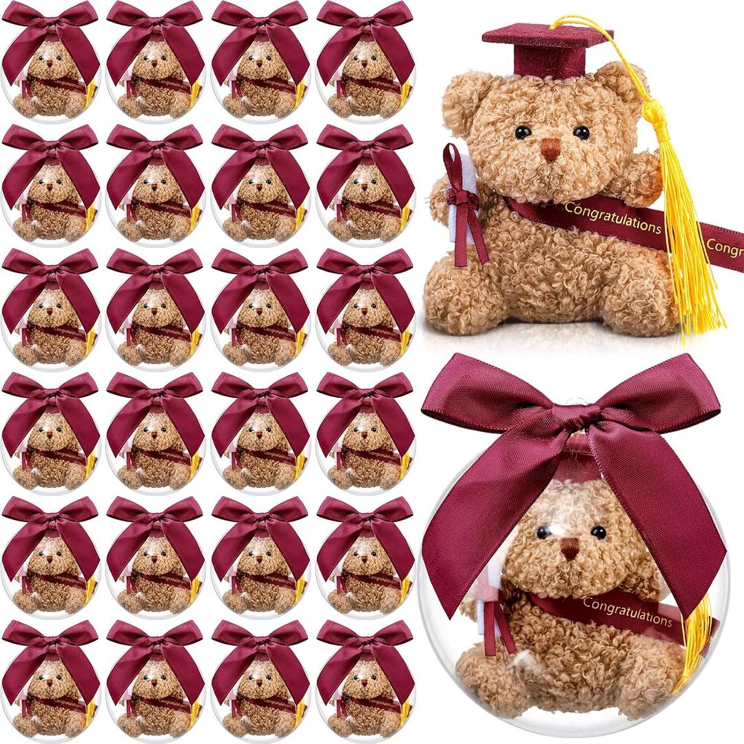 75 Pcs 2026 Mini Graduation Bear Bulk Set with 25 Graduation Gift Mini Stuffed Bears 25 Clear Plastic Fillable Ornament Balls and 25 Bow 2026 Party Favors(Claret)