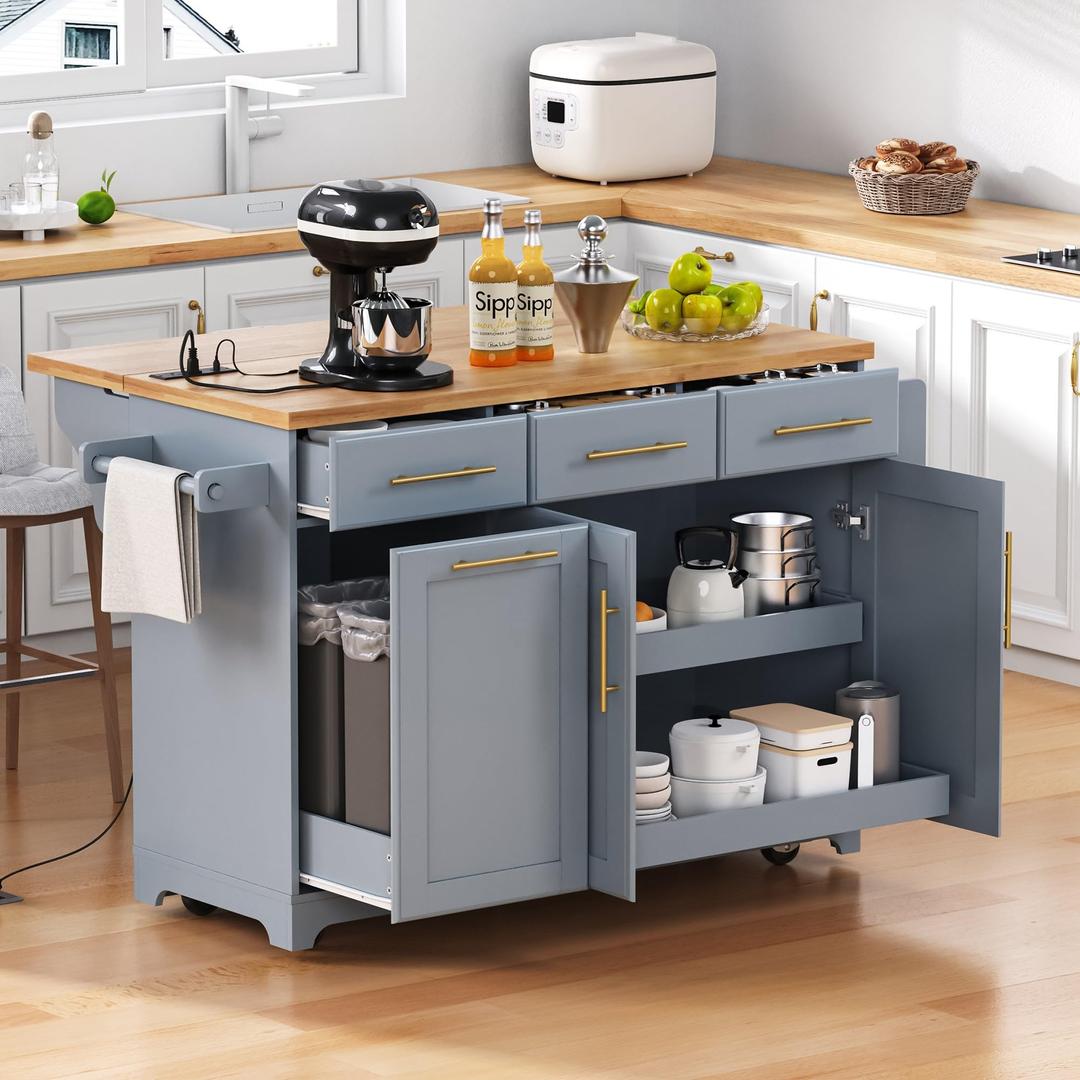 Merax 59.3" Grey Blue Kitchen Island with Storage, 2 Pull Out Cabinet Organizers & Rubber Wood Drop Leaf, Rolling Island Table with Trash Can Storage, Power Outlet, Spice Rack for Kitchen Dining