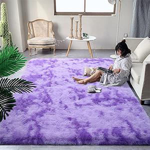 DweIke Fluffy Purple Shag Rugs for Bedroom Living Room, 4x6 Feet Soft Plush Tie-Dyed Light Purple Girls Boys Kids Rug, Upgraded Non-Slip and Machine Washable Carpet for Dorm Nursery Classroom Decor
