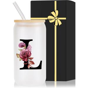 Monogrammed Glass Drinking Cup With Lid Straw Women Lady Boss Gifts Coworker Colleague Manager Team Member Employee Boss Executive Assistant Inter Birthday Farewell Leaving Retirement Christmas,L