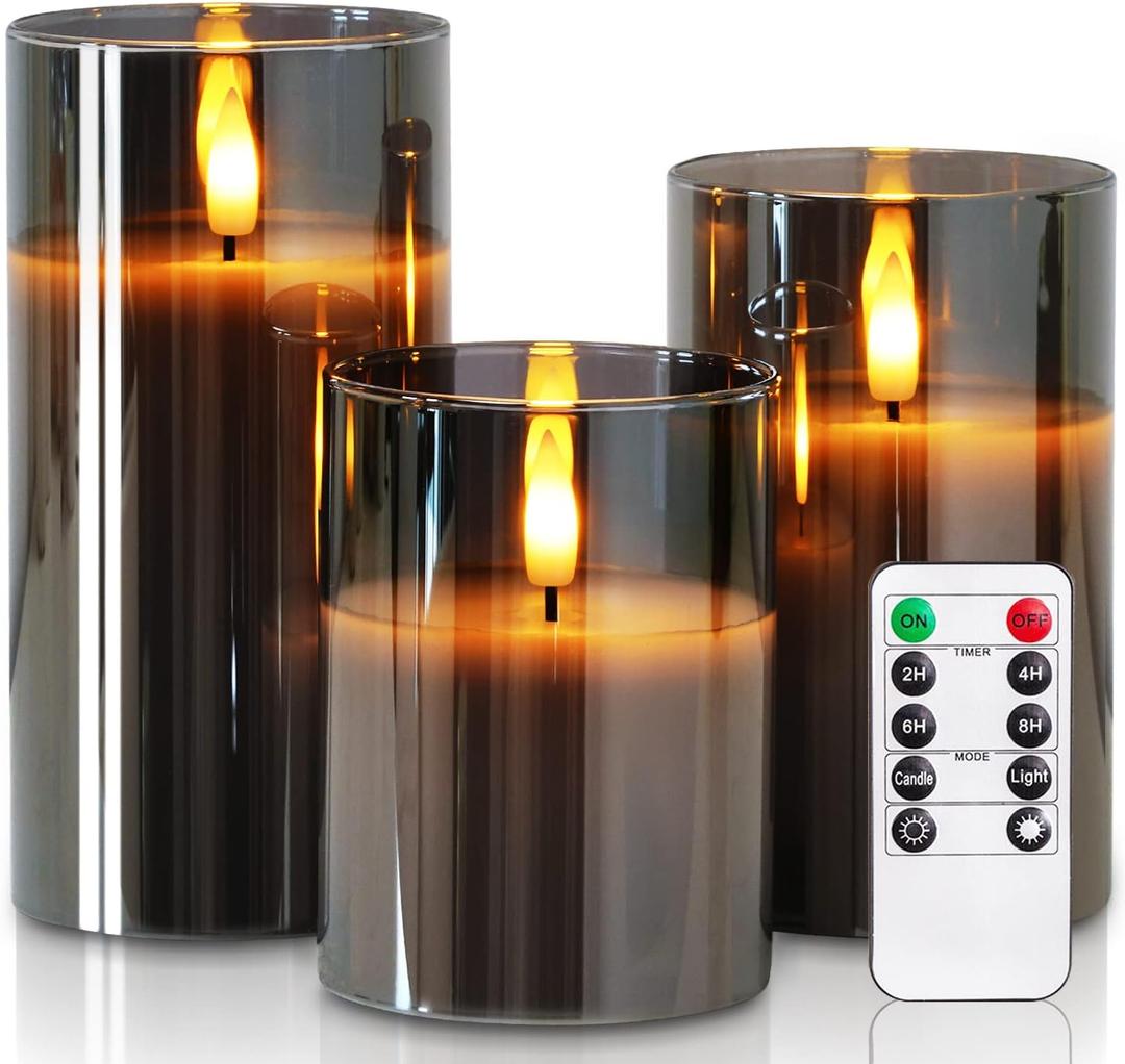 Homemory Grey Glass Flameless Candles, Battery Operated LED Pillar Candles with Remote Control and Timer, Radiance Candles, Real Wax, Set of 3,D3 xH4 5" 6" (Gray)
