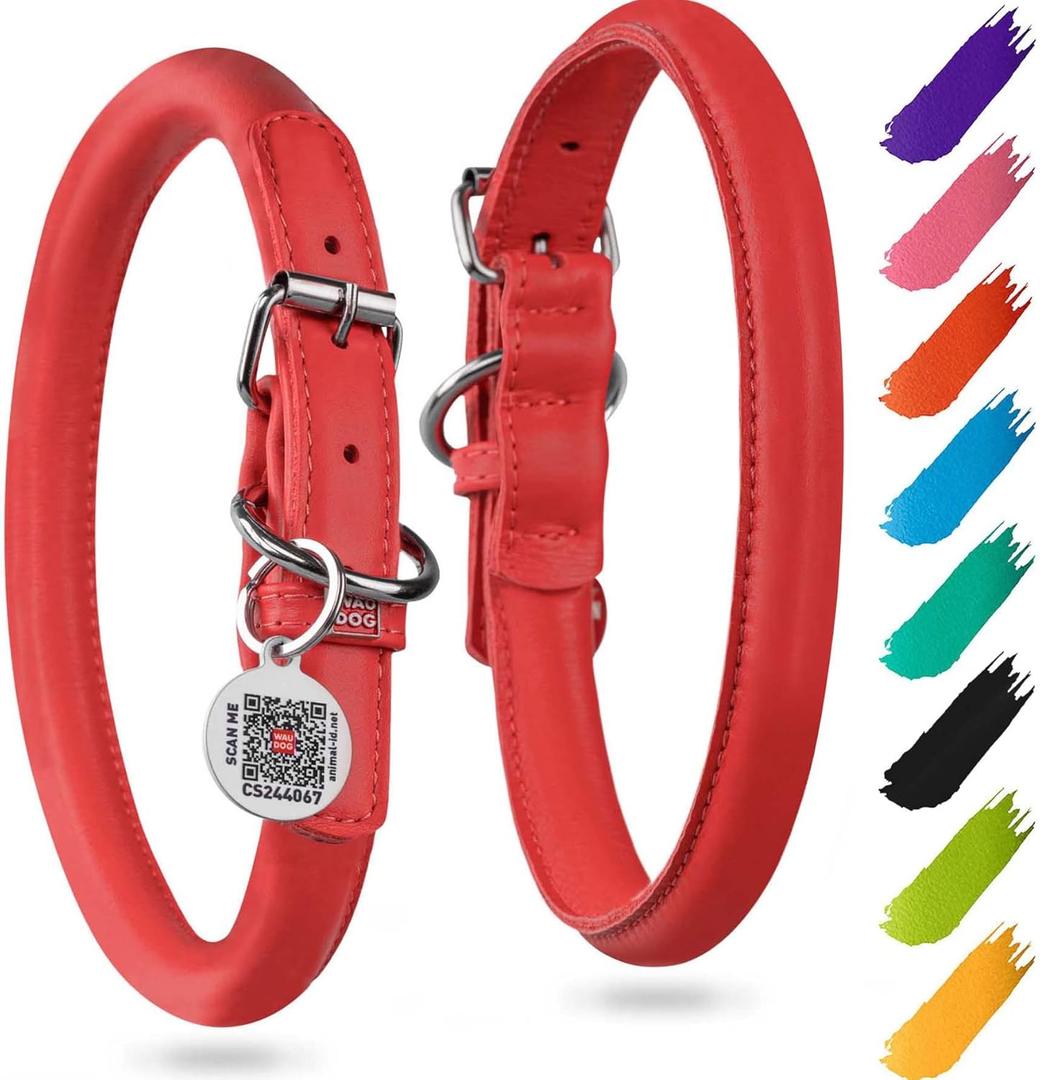 WAUDOG Ultra Soft Rolled Leather Dog Collar - Soft Padded for Small and Medium Breeds - Puppy Collar for Male and Female Dogs (18" - 20.5" Neck, Red)