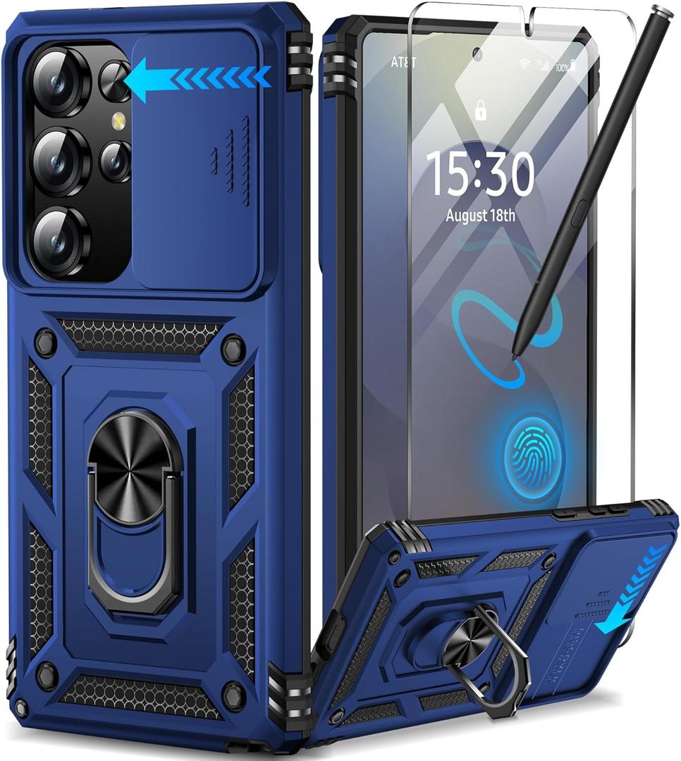 Taisairu for Samsung Galaxy S25 Ultra Case with Screen Protector & Slide Camera Lens Cover, Built-in Magnetic Ring Stand Shockproof Protective Phone Case for Samsung S25 Ultra Case (Blue)