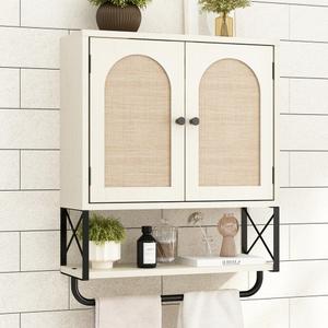RUSTOWN Rattan Bathroom Wall Cabinet, Boho Over The Toilet Storage Cabinet with Arched Rattan Doors, Modern Medicine Cabinet with Adjustable Shelves & Towel Bar (Vintage White, Medium)
