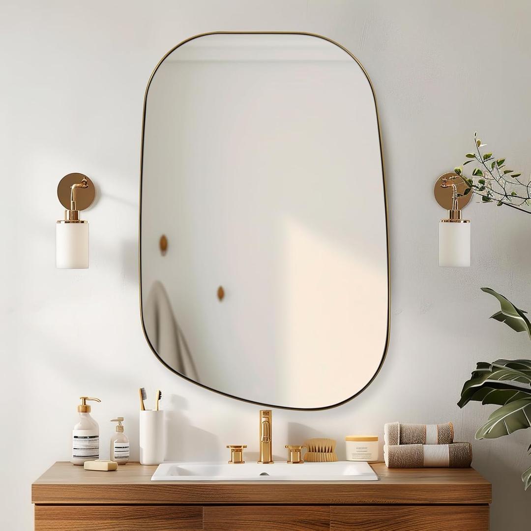 ANDY STAR Gold Bathroom Mirror, 22"x30" Brushed Gold Asymmetrical Wall Mirror in Stainless Steel Metal Frame, Unique Vanity Mirror with Modern Curved Design, Ideal for Bathroom, Bedroom, Entryway