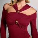 WDIRARA Women's Twist Front Ruched Cut Out T Shirt Long Sleeve Going Out Tops (L)