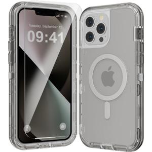 for iPhone 13 Pro Max Case, Fits Magsafe,Heavy Duty Shockproof Protection Phone Cases with Screen Protector*1, Magnetic Transparent Protective Cover for iPhone 13 ProMax 6.7 '', Gray