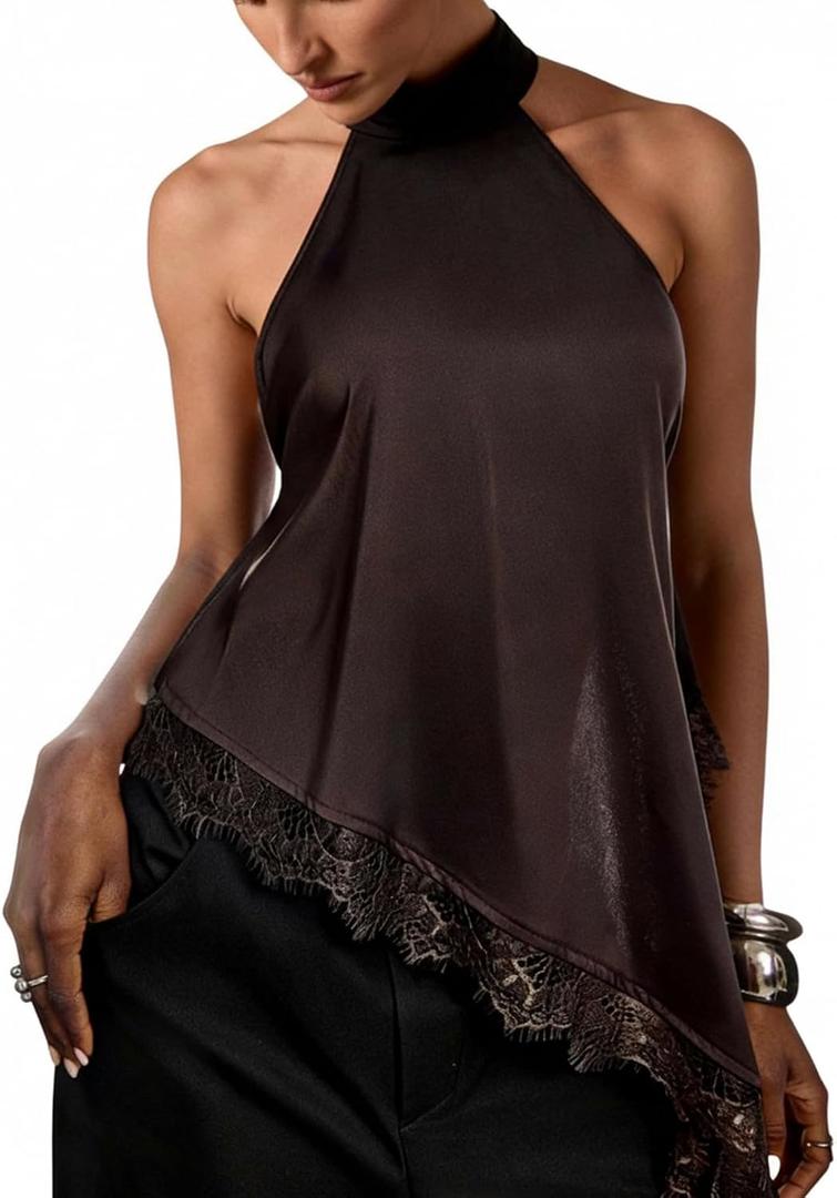 Verdusa Women's Y2k Tops Satin Rave Club Lace Halter Top Tie Backless Cami Asymmetrical Going Out Outfits (Brown, XS)