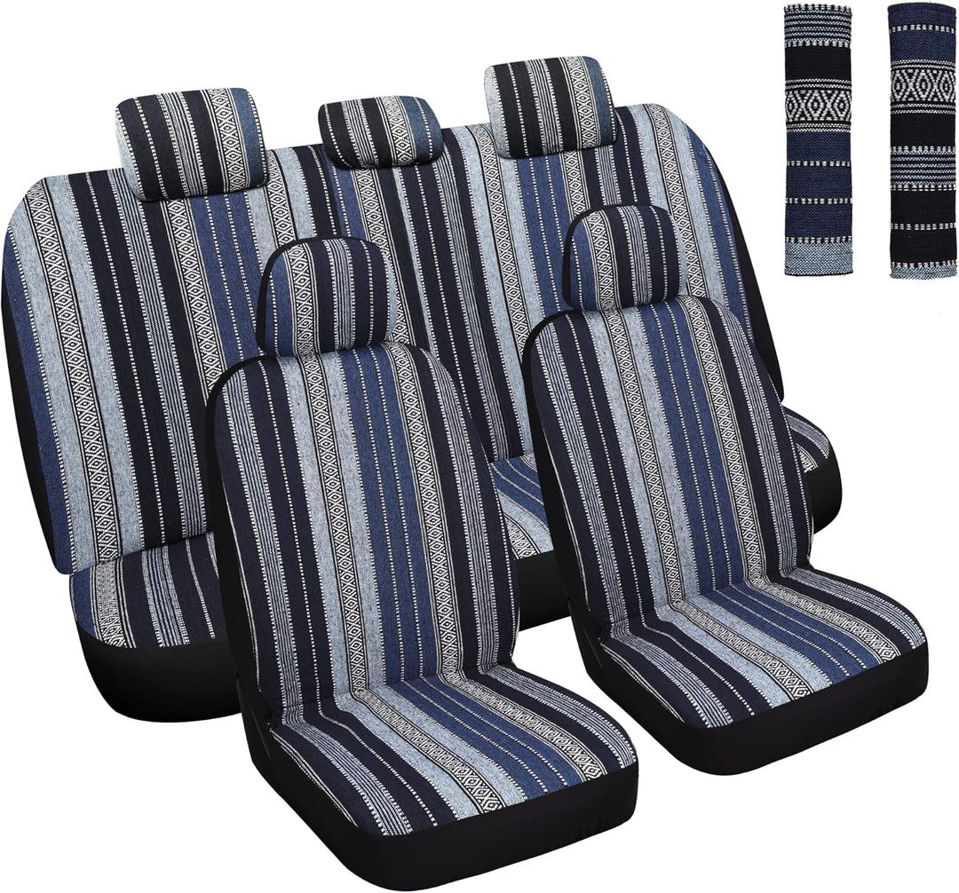 Baja Saddle Blanket Car Seat Covers Full Set with Seat Belt Pads, Washable Breathable Seat Covers for Cars, Universal Fit Interior Covers for Most Sedan Truck SUV, Airbag Compatible, Blue