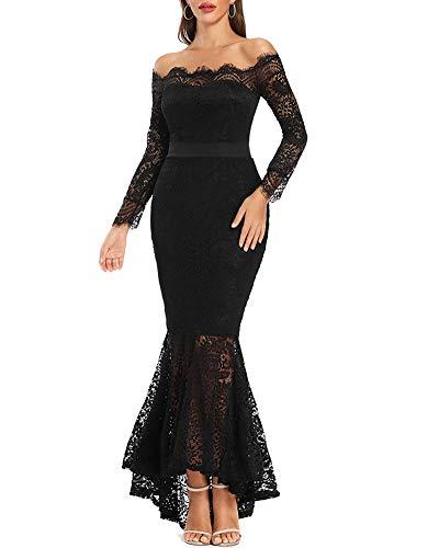 LALAGEN Women's Floral Lace Long Sleeve Off Shoulder Wedding Mermaid Dress Eyelash, Size Large, Black