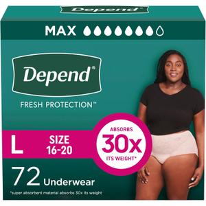 Depend Fresh Protection Adult Diapers, Incontinence & Postpartum Bladder Leak Underwear for Women, Disposable, Maximum, Large, Blush, 72 Count (2Packs of 36)