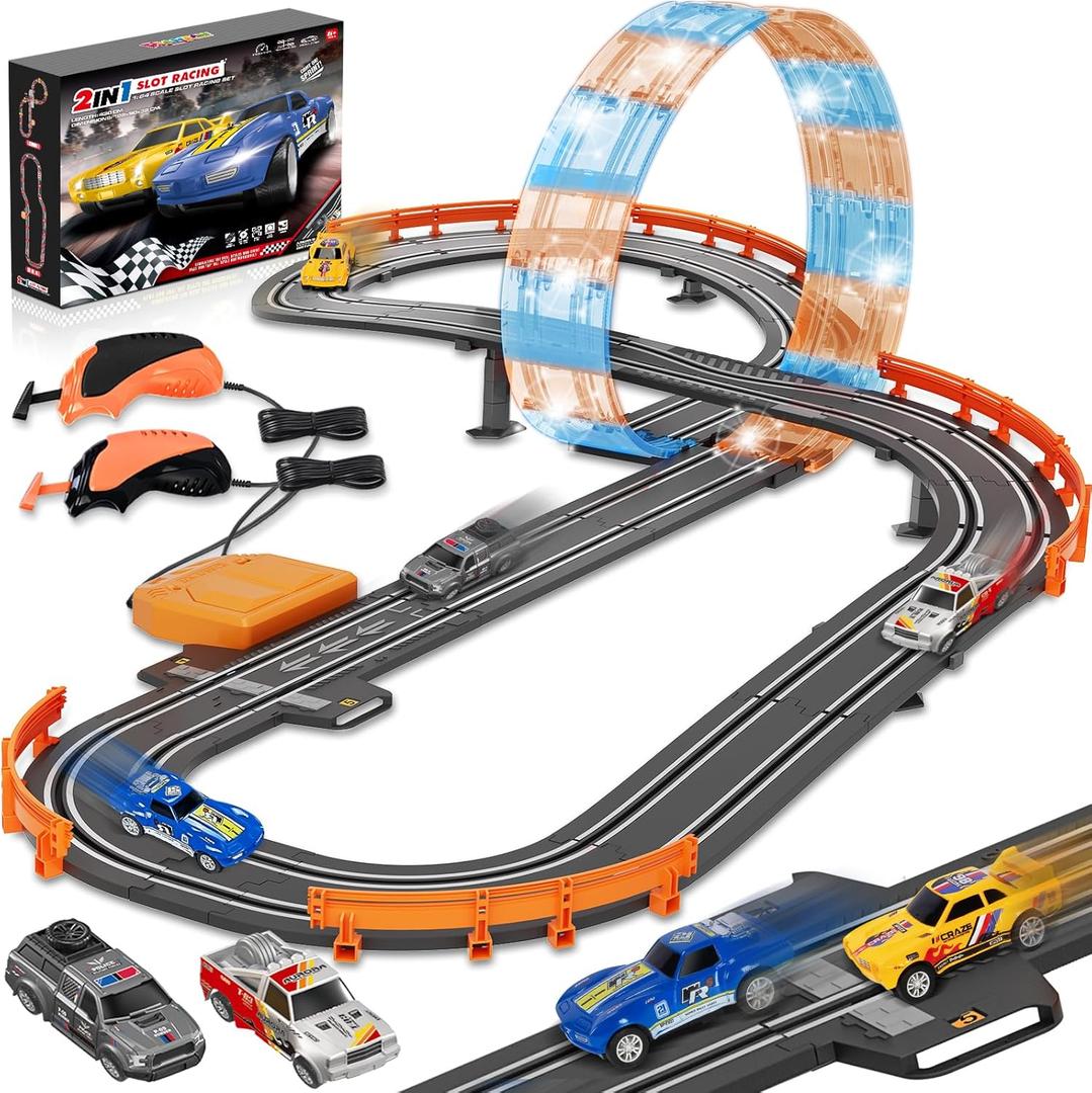 Slot Car Race Track Sets for Boys Age 4 5 6 7 8-12, Electric Race Car Track with 4 High-Speed Racing Car, Dual Racing Game Lap Counter Circular Overpass Track, Christmas Birthday Gifts Toys for Kids