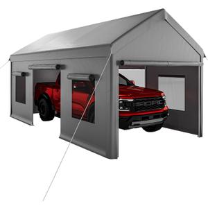 10 x 20FT Heavy Duty Carport with Roll-Up Windows, Portable Garage with Removable Sidewalls & Doors, Portable Car Tent Garage with Roll-Up Windows and All-Season Tarp, for Car, Truck,