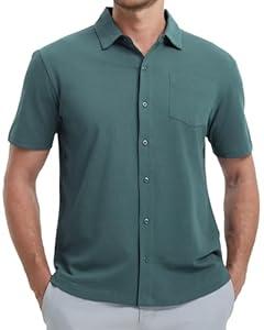 VEBOON Men's Cotton Button Down Shirts Short Sleeve Pique Casual Regular Fit Lightweight Strech Dress Shirts with Pocket
(S)