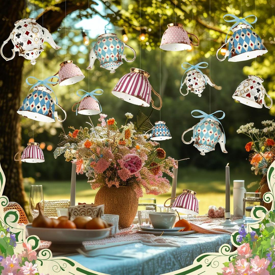 Epakh 20 Pcs Wonderland Tea Party Decoration Vintage Teapot Cardboard Hanging Banner Wonderland Teapot Garland Decoration Background for Birthday Baby Shower Women Princesses Party Supplies