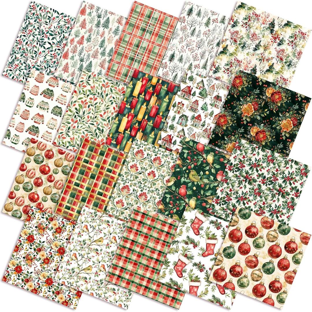 60 Pcs 10 x 10 Inch Vintage Woodland Christmas Quilting Fabric Christmas Fat Squares Patchwork Precut Poinsettia Sweater Fabric Bundles for Xmas Winter Quilting Crafting DIY Craft Sewing