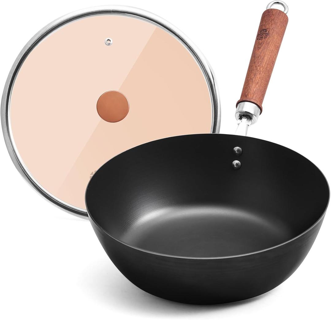 WANGYUANJI 10.24-Inch Carbon Steel Wok with Lid, Flat Bottom Small Wok Pan for 13 Servings, Uncoated Stir Fry Pan, Glass Lid, Induction/Gas/Electric Compatible, Wood Handle, Black