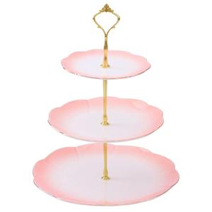 DUJUST Luxury Larger 3-Tier Cupcake Stand Tower, British Style Porcelain Serving Tray with Golden Trim, Food Grade Dessert Display Stand for Tea Party & Home Décor - 45% Gradient Pink Larger Plates