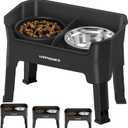 URPOWER Mess Proof Elevated Dog Bowls 4 Height Adjustable Raised Dog Bowl Stand with Stainless Steel Bowl, Slow Feeder & Licking Plate for Small, Medium & Large Dogs