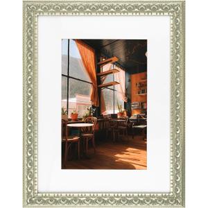 Golden State Art, 12X16 Ornate Finish Photo Frame with White Mat for 8X12 Picture & Real Glass, Color: Silver Beige