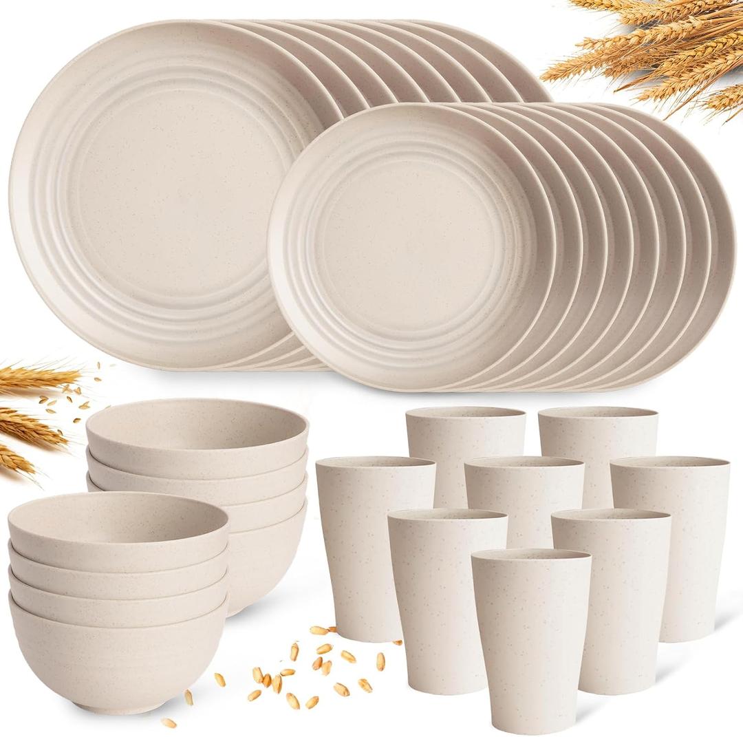 Cream Plastic Plates and Bowls Sets Dishwasher and Microwave Safe Wheat Straw Dinnerware Sets for 8,Reusable Plastic Dishes Set Lightweight Unbreakable for Kitchen Camping Outdoor RV 32 Pcs