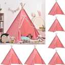 6 PCS Pink Kids Teepee Play Tent, Foldable Washable Tipi Tent Kids Boho Tent, Playhouse for Girls Boys Sleepovers Party Birthday Party Slumber Party for Indoor Outdoor Games