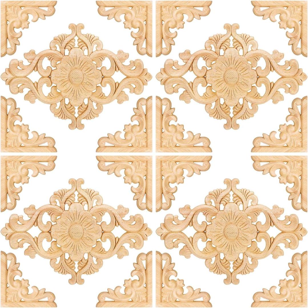 20 Pcs Wood Appliques and Onlays for Furniture Wooden Carved Onlay Appliques Decorative DIY Carving Decals for Wall Cupboard Door Bed Cabinet