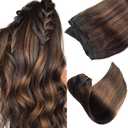 Brown Highlights Hair Wefts Sew in Hair Extensions Real Human Hair Bundle, 24 Inch 120G Ombre Dark Brown Balayage Chestnut Brown Highlights Weft Hair Extensions Human Hair Hand Tied Weft Extension