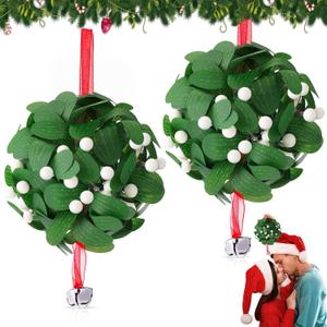 XunYee 2 Pack 6.3 Inch Christmas Artificial Mistletoe Kissing Ball Ornament, Christmas Hanging Kiss Ball Mistletoe Ornament Mistletoes Xmas Door Decor for Home Party Decor