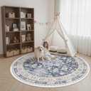 zesthome 9ft Round Rugs for Living Room, Non-Slip Washable Round Area Rugs, Ultra-Thin Large Circle Rugs, Soft Low Pile Rug for Bedroom, Kitchen - Vintage Stain Resistant Round Rug (Blue/Beige,9'x9')