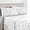 LUX Dcor Floral Queen Sheet Set, 4 PC Soft Microfiber Wrinkle Free Sheets - Luxurious Printed Bed Sheets Includes Flat Sheet, Fitted Sheet with Deep Pockets, & 2 Pillowcase, White Grey (Queen, Floral White)