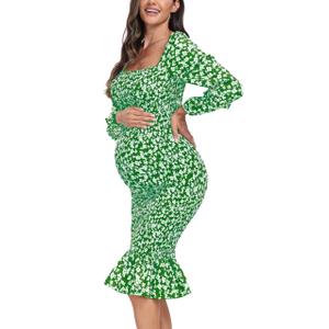 Maternity Fall Floral Midi Bodycon Dresses, Long Puff Sleeve Square Neck Ruffle Hem Mermaid Baby Shower Dress Bright Green S (Green, S)