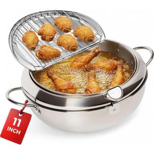 Alpha Living SDF-04 Deep Fryer Pot  11-Inch Stainless Steel Frying Pot with Oil Thermometer  Ideal for Deep Frying Chicken, Fries, Mini Donuts, Tempura & More  Frying Pan for Home Use