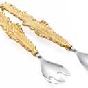GUTE Gold Leaf Salad Servers Brass & Stainless Steel, Fork & Spoon Set Leaf Design, Two Tone Ideal for Weddings, Dinner, Elegant Flatware, Housewarming, Stainless Steel Mirror Polished
