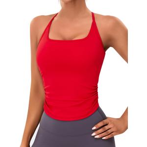 BMJL Womens Workout Tank Tops Built in Bra Ruched Gym Tops Racerback Athletic Yoga Shirts (Medium, Red)