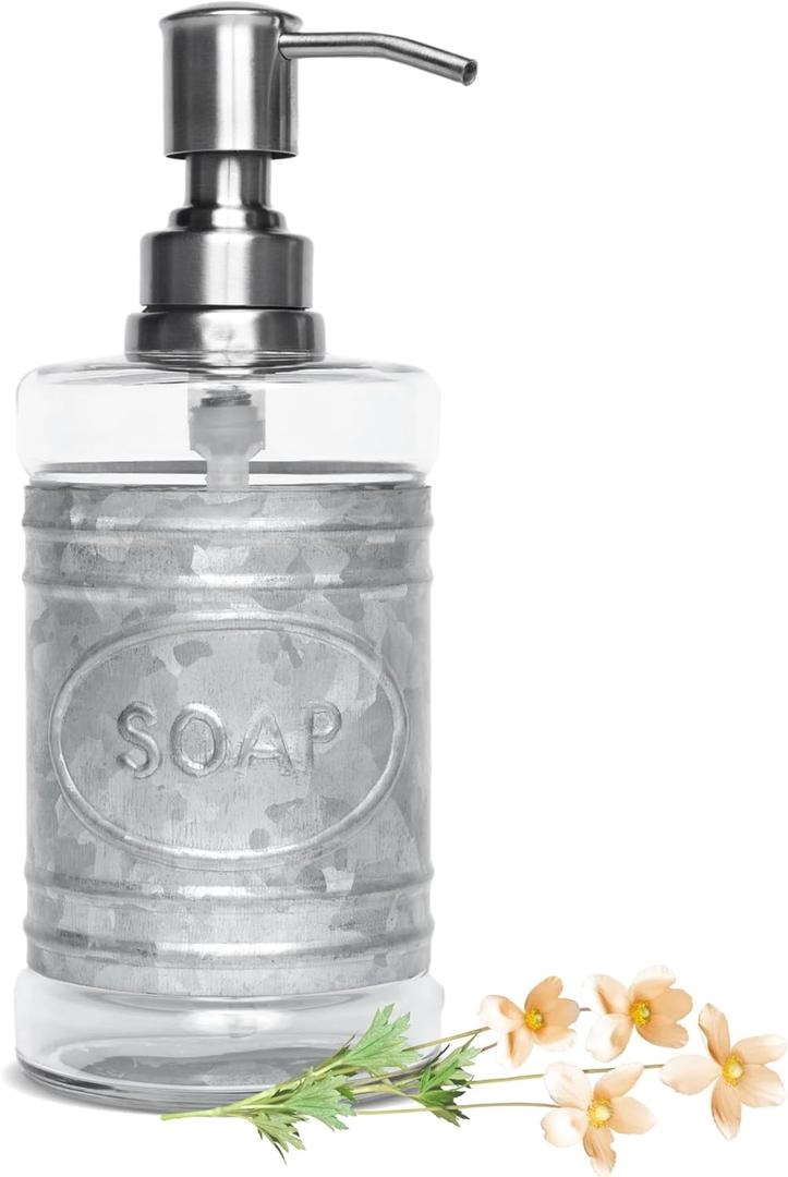 Autumn Alley Glass & Galvanized Soap Dispenser for Hand Wash, Sanitizer, Lotion  16 oz. Rustic Soap Dispenser with Pump for Kitchen/Bathroom  Charming Farmhouse Bathroom Design