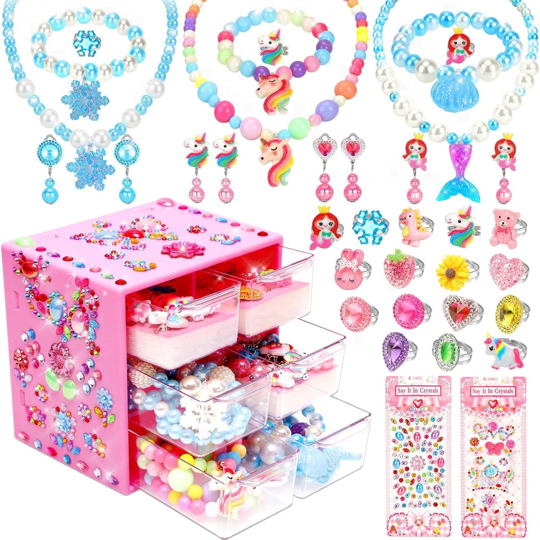 Jewelry Toys-for-Girls,Toddler Girl Toys Age 6-8,Lovely Rings Earrings Kids-Toy for 3 4 5 6 7 Year Old Girls,Play Jewelry Princess Toy for Dress Up,Halloween Birthday Unicorns-Gifts-for-Girl (Pink)