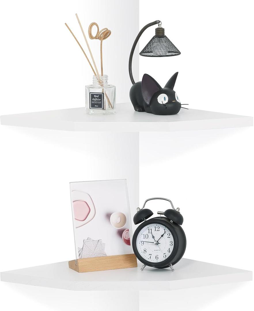 Corner Wall Shelves Set of 2, Rustic Wood Corner Floating Shelves with Cable Raceway, Wall Mount Storage Display for TV Accessories, Baby Monitor, Speaker, Cable Box (White, Diamond- 12 Inch)