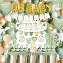 Sage Green Baby Shower Decorations,155 pcs Neutral Baby Shower Decor Supplies, welcome baby banner, Disposable "OH BABY" Balloon Arch, Paper Tassels, tablecloths
