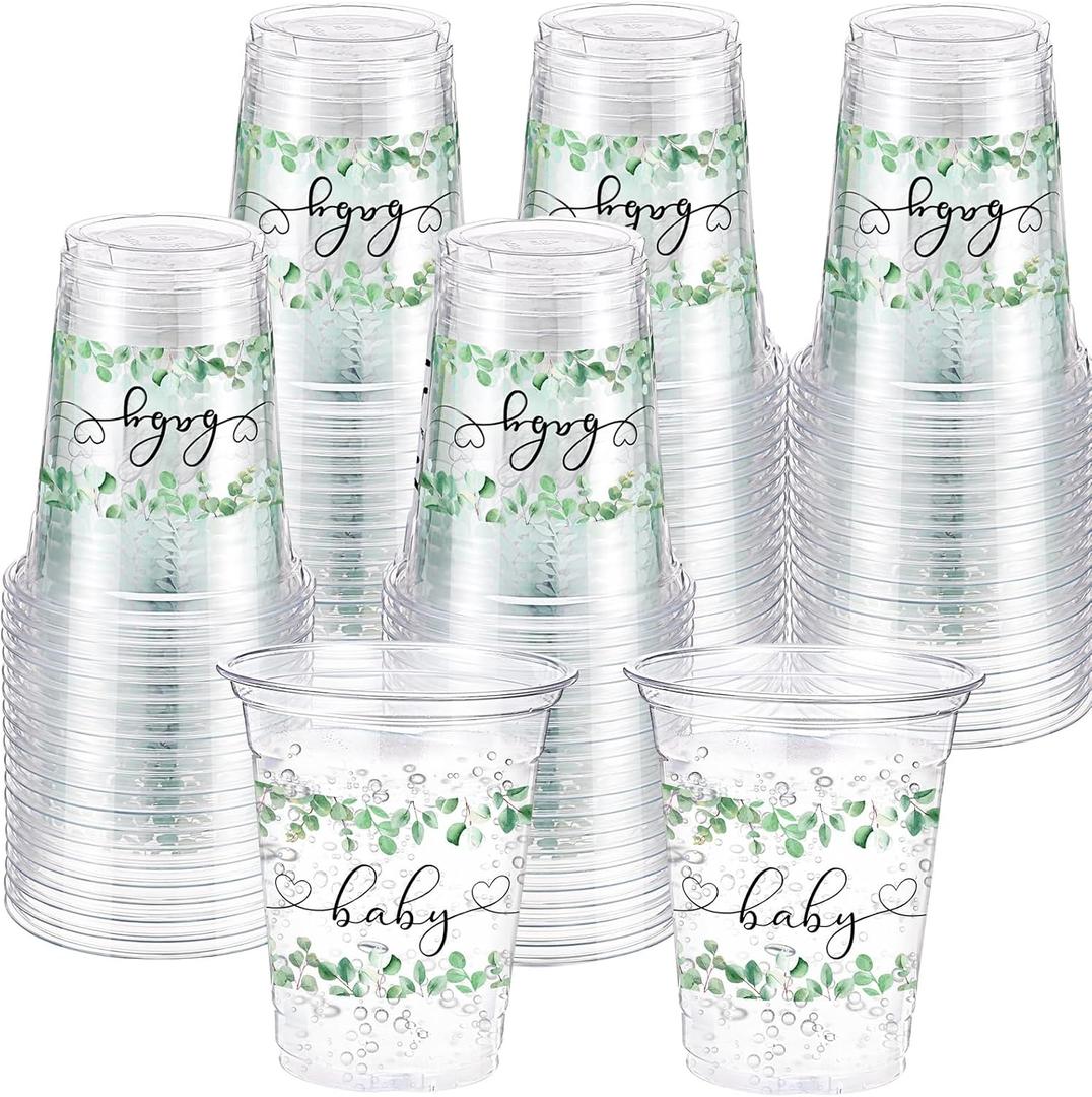 60 Pack Sage Eucalyptus Baby Shower Plastic Cups 12 oz Sage Greenery Disposable Clear Plastic Cups for Baby Shower Birthday Boho Greenly Party Decorations Supplies